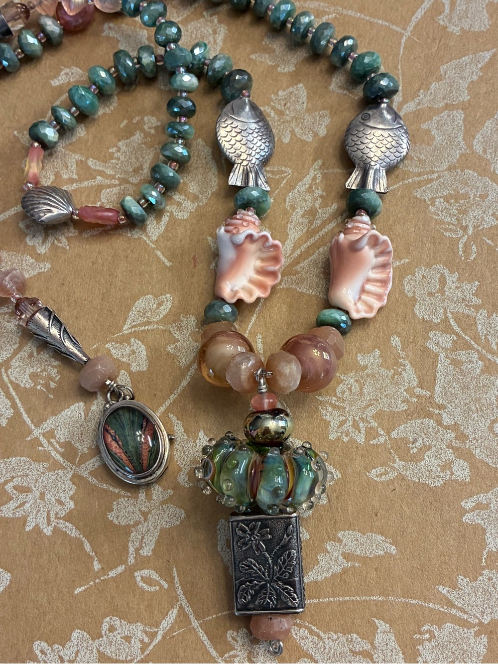 Pink and Green Gemstone & Sterling Silver Artisan Beaded Pendant Necklace